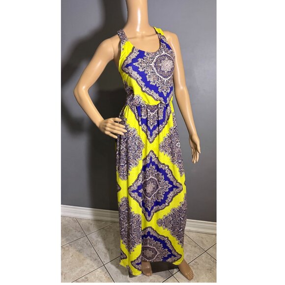 boohoo Baroque Maxi Dress 💛 yellow & royal blue racerback summer dress - Picture 1 of 8